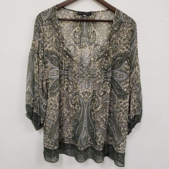 Rose & Olive Womens Balloon Sleeve Peasant Paisley Top Size 1X Green Forest Boho - Picture 1 of 16